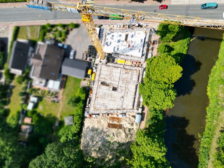 Vogelperspektive Baustelle Wildeshausen Maisonettewohnung HUNTEPANORAMA in KFW-40 QNG! �ber den D�chern wohnen - gro�z�gige Maisonette-Wohnung im Neubau!